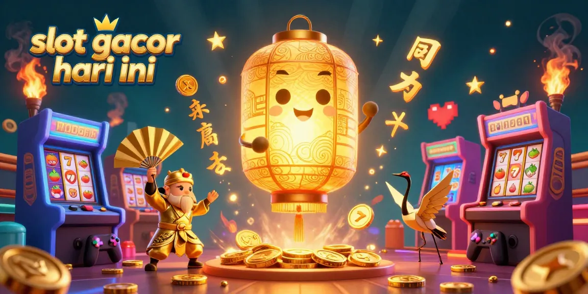 Engage with slot gacor hari ini through a vibrant 3D casino illustration featuring a glowing lantern spirit amidst winning slot reels.