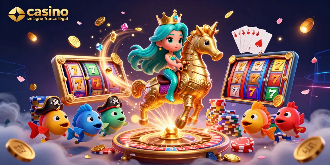 Illustration de casino en ligne France légal avec la princesse sirène et des jeux de machines à sous.