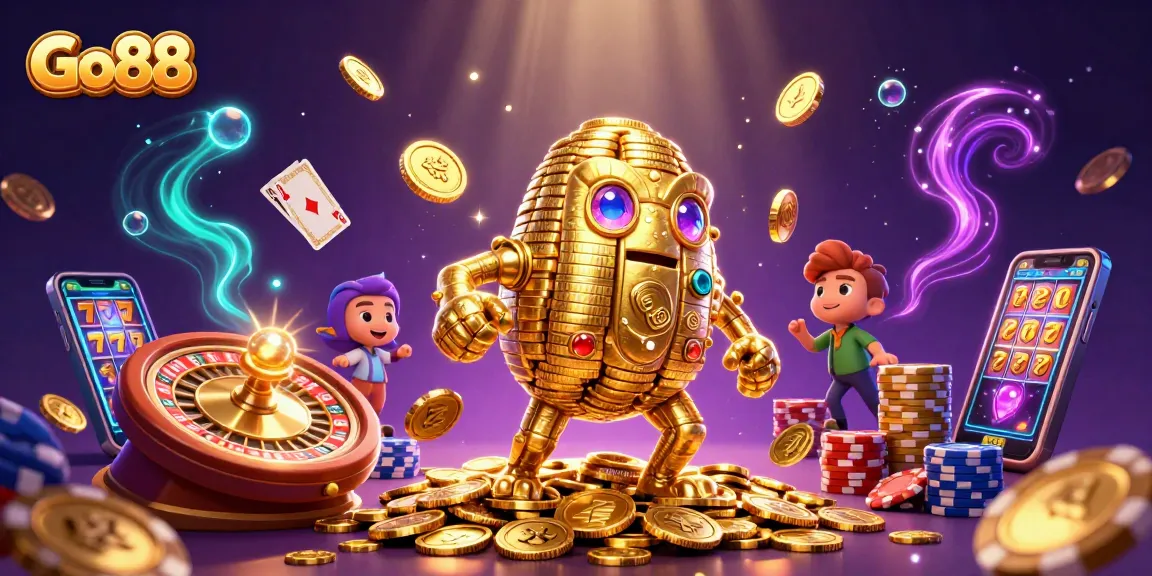 Experience the thrill of Go88 with golden golems and casino elements in this vibrant illustration.