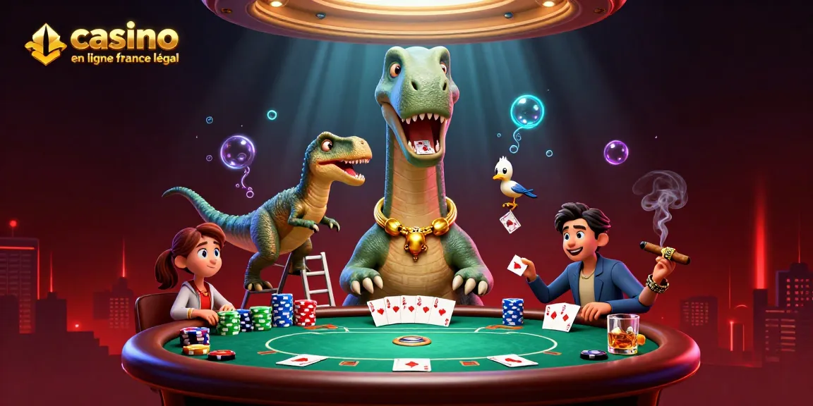 Illustration interactive d'un brontosaure au casino, symbolisant les casinos en ligne légaux en France.