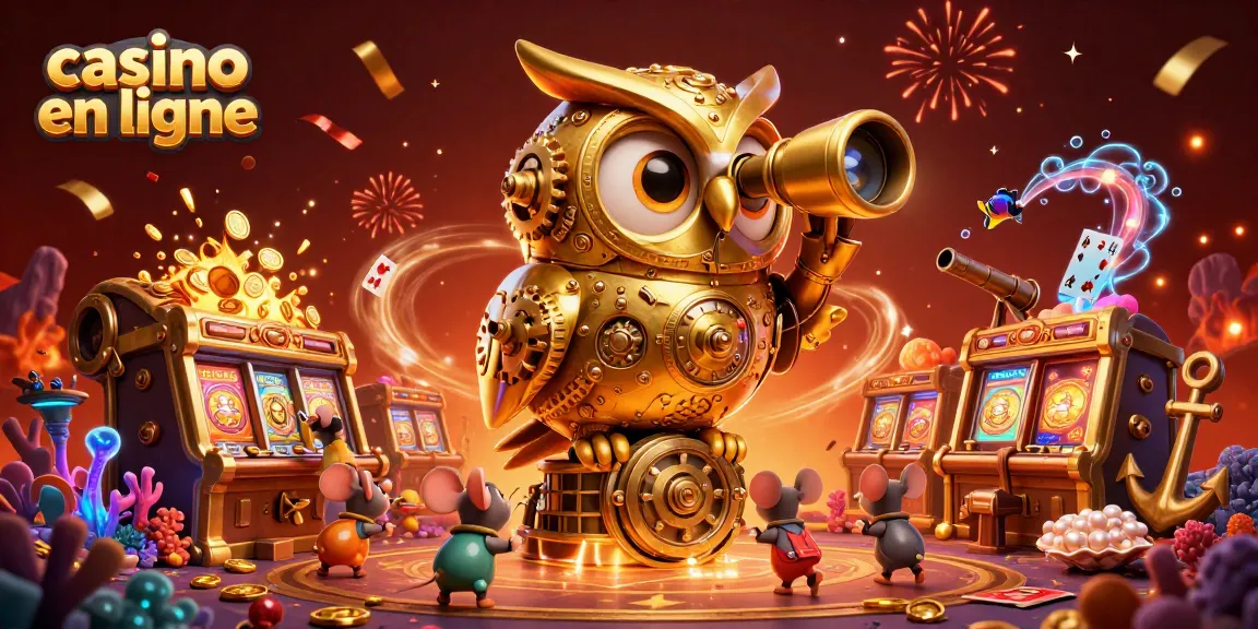Profitez de l'expérience de casino en ligne avec un hibou d'or et des souris entre les machines à sous.