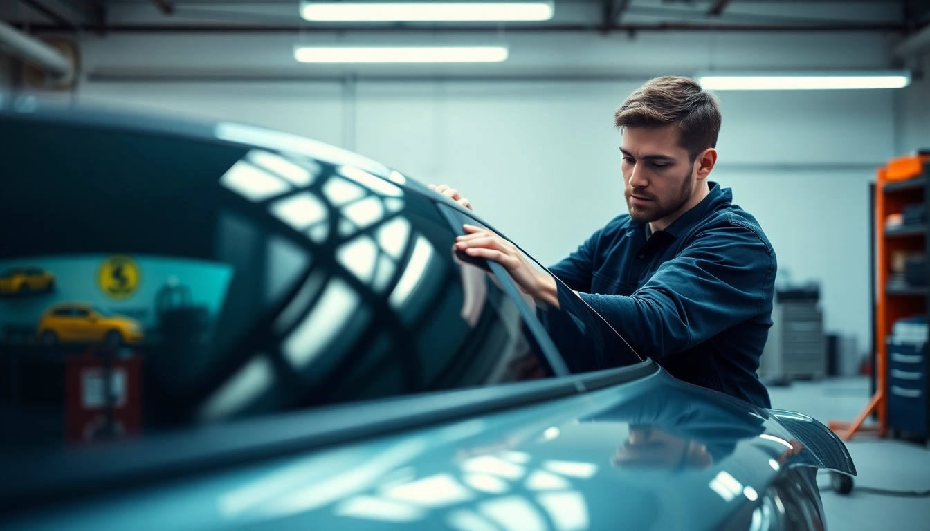 Applying ceramic window tint on a vehicle's window for enhanced performance.