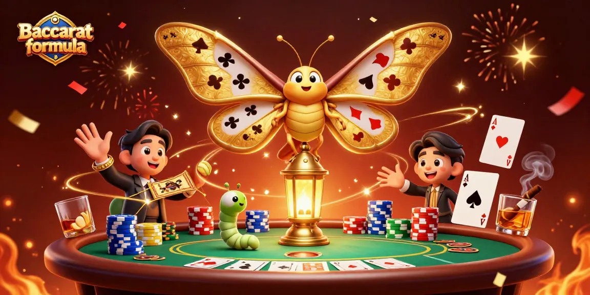 Experience the Baccarat formula with a magnificent moth and vibrant casino scenes in this 3D illustration.