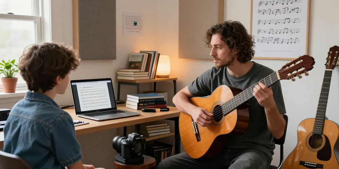Engaging Guitar Coach Online session with instructor and student in a cozy studio