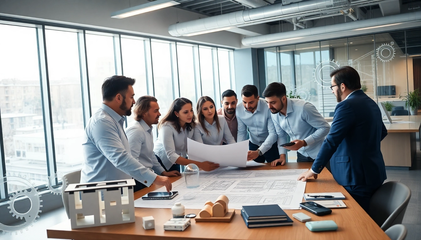 Team providing engineering services collaborates on project plans in a modern setting.
