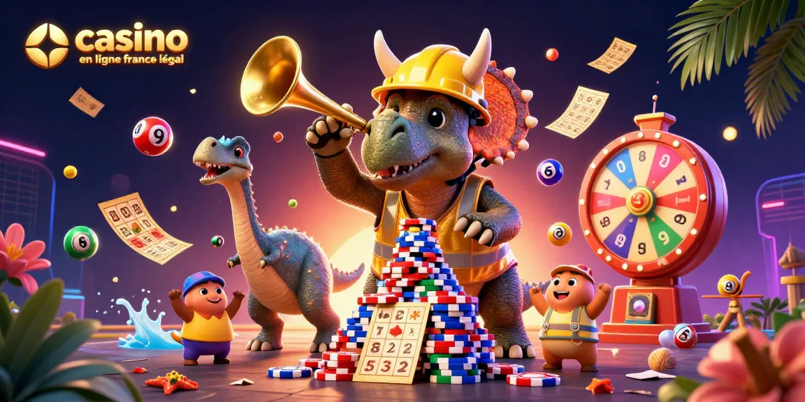 Illustration dynamique de casino en ligne France légal avec dinosaures et éléments de jeux excitants.