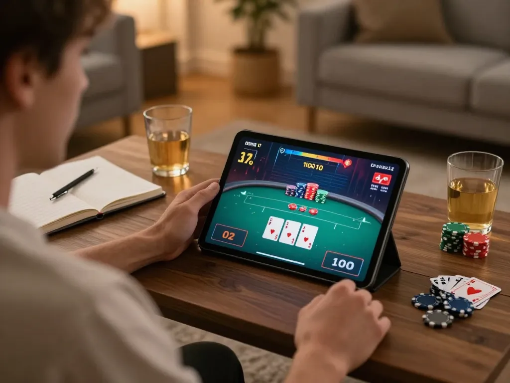 Player enjoying a thrilling poker game on a tablet while using sunwin to track betting strategies with ambiance.