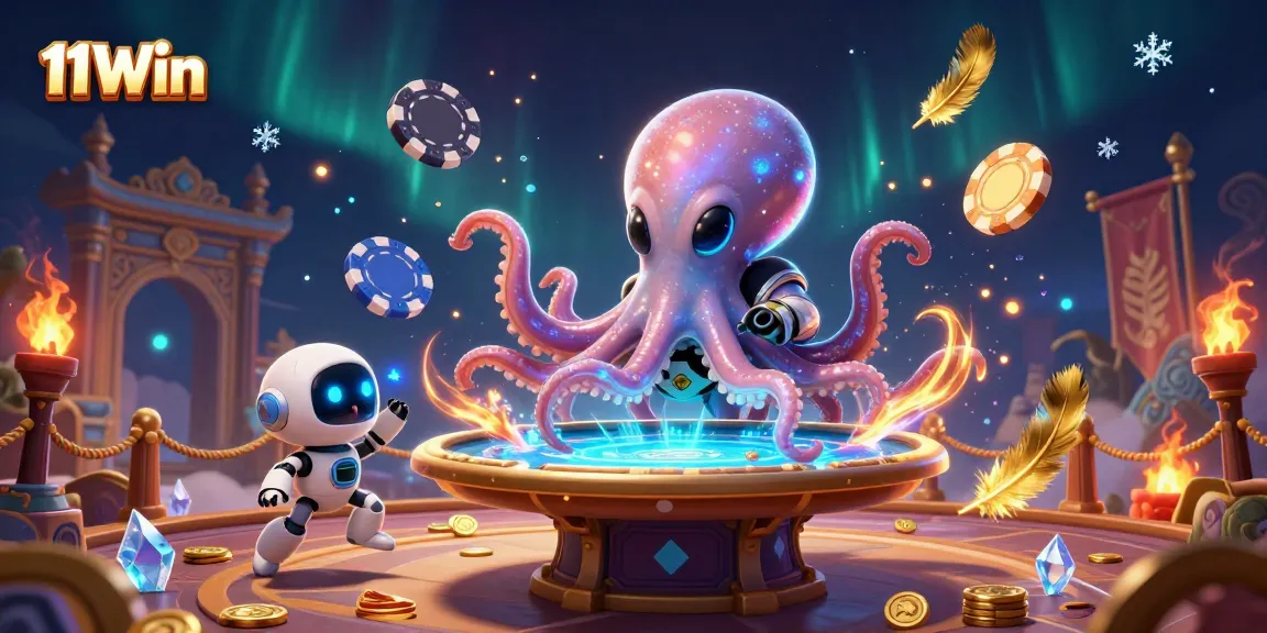 Engaging 11Win scene featuring an alien octopus and dynamic poker elements in a vibrant casino theme.