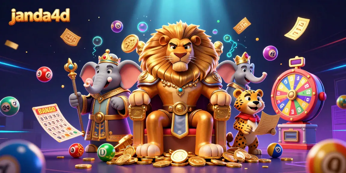 Menangkan jackpot di JANDA4D dengan simbol slot, bola lotere, dan koin emas yang melimpah.