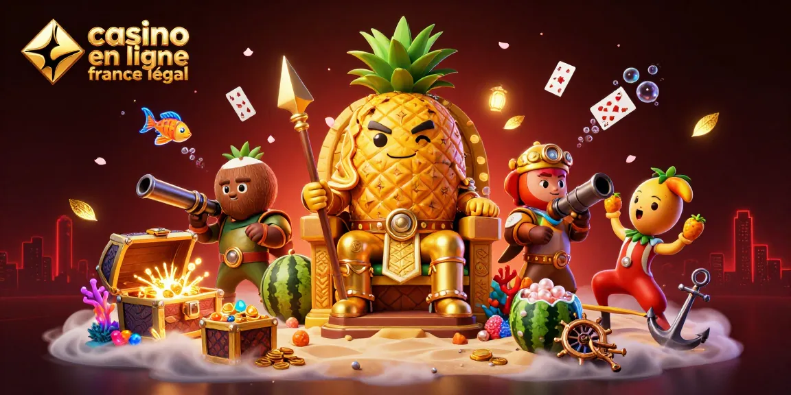 Illustration dynamique de casino en ligne France légal avec un roi ananas doré et des personnages jouant sur une plage animée.