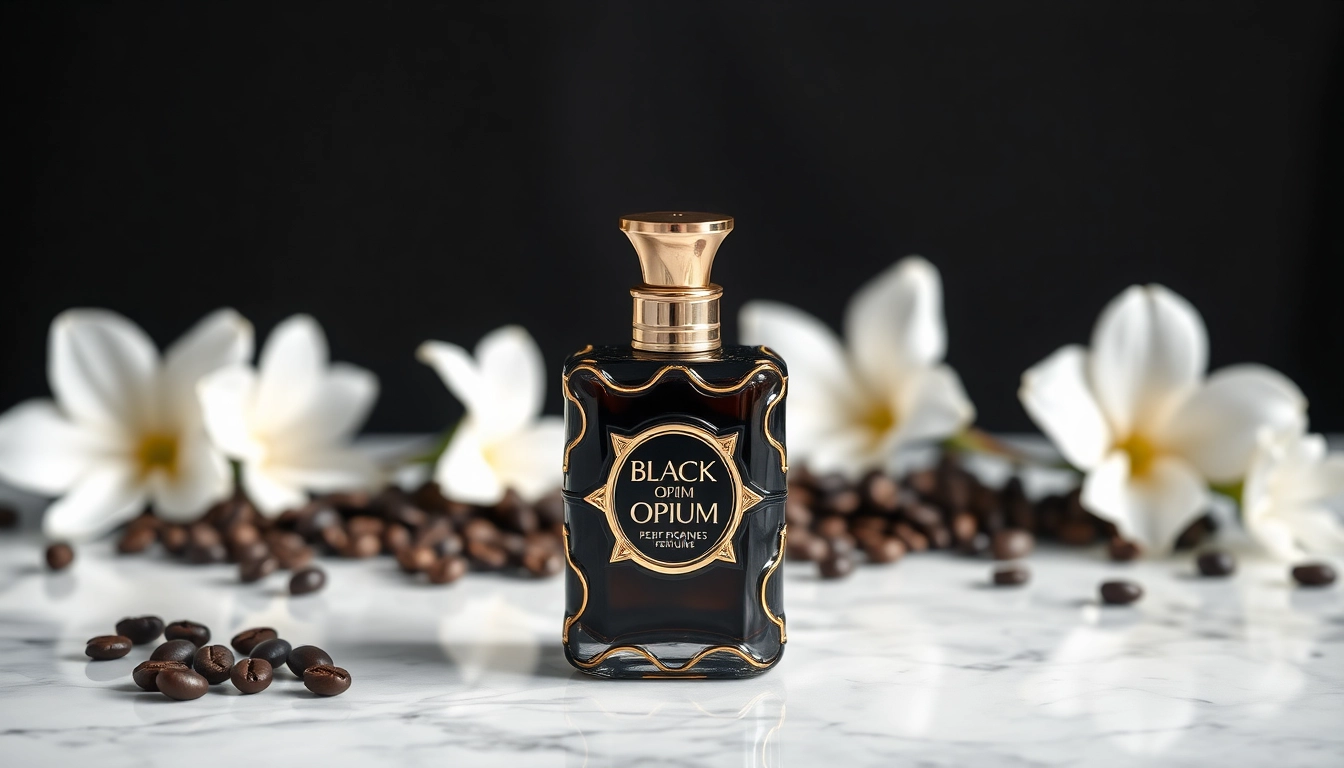 Showcasing Black opium perfume bottle elegantly set against dark coffee beans and white flowers.