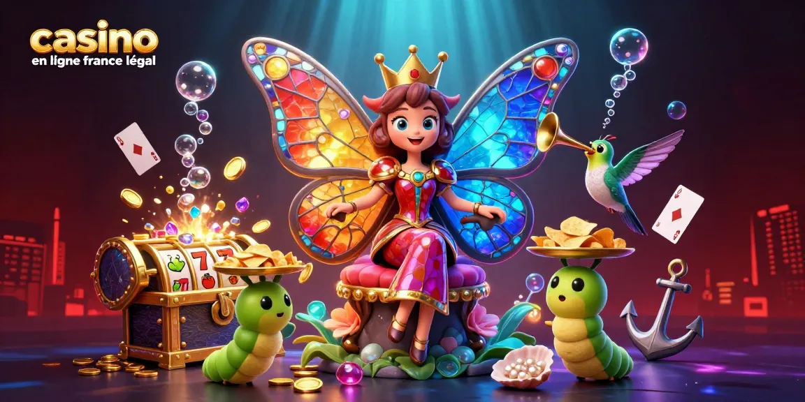 Casinos en ligne France légal : illustration d'une reine papillon avec des éléments de jeux captivants.