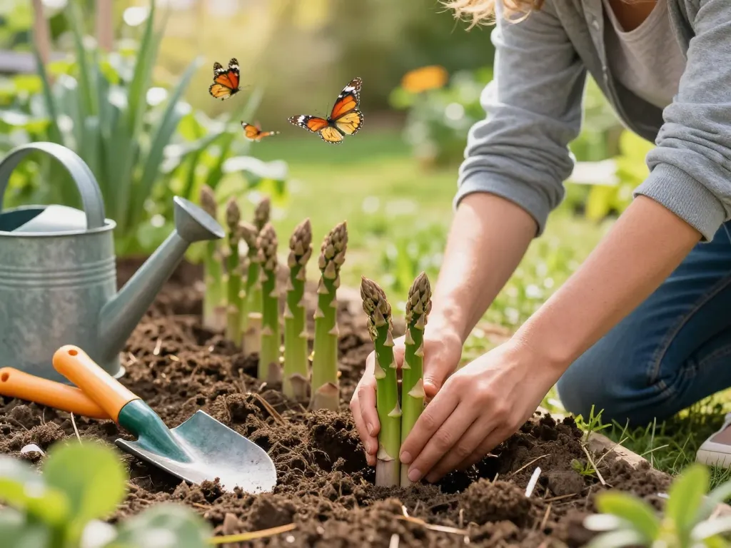 Groene asperges planten in a home garden with tools and fresh soil.
