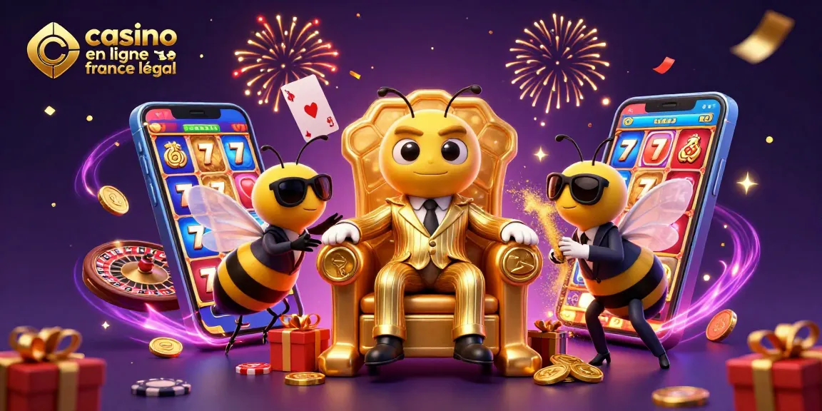 Illustration d'un casino en ligne légal en France avec un chef d'abeille cartoon entouré de gardes, jouant à des jeux de casino.