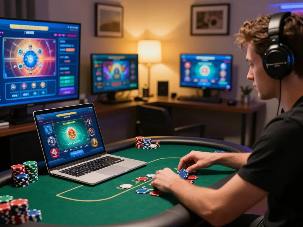 Player focused on tg88 online poker game from home office, showcasing vibrant atmosphere and responsible gambling.