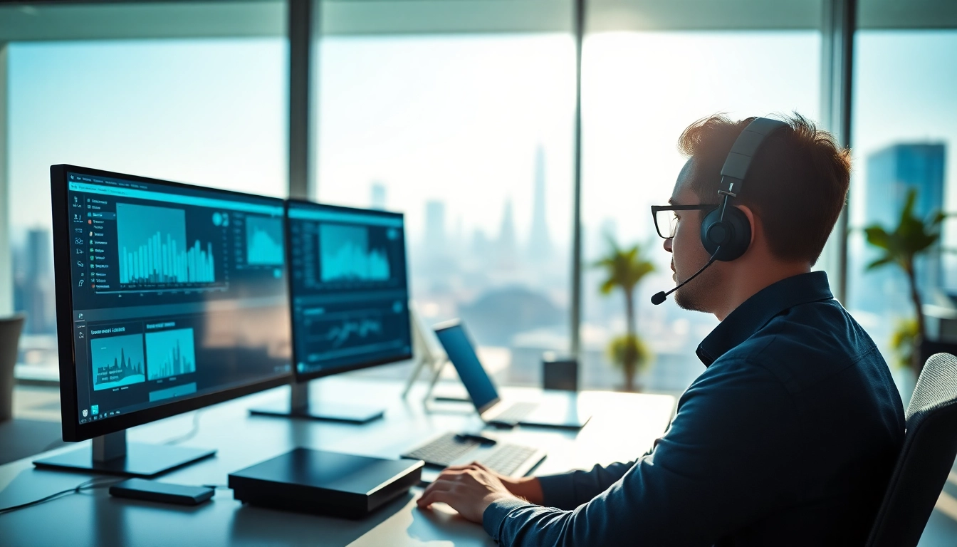 Experience the efficiency of remote call control in a modern office setting with technology-focused visuals.
