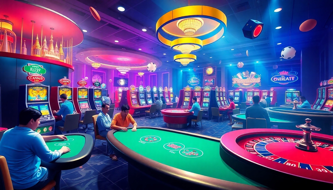 The lively casino scene at KJC AC 1 showcasing players engaged at tables and slot machines.