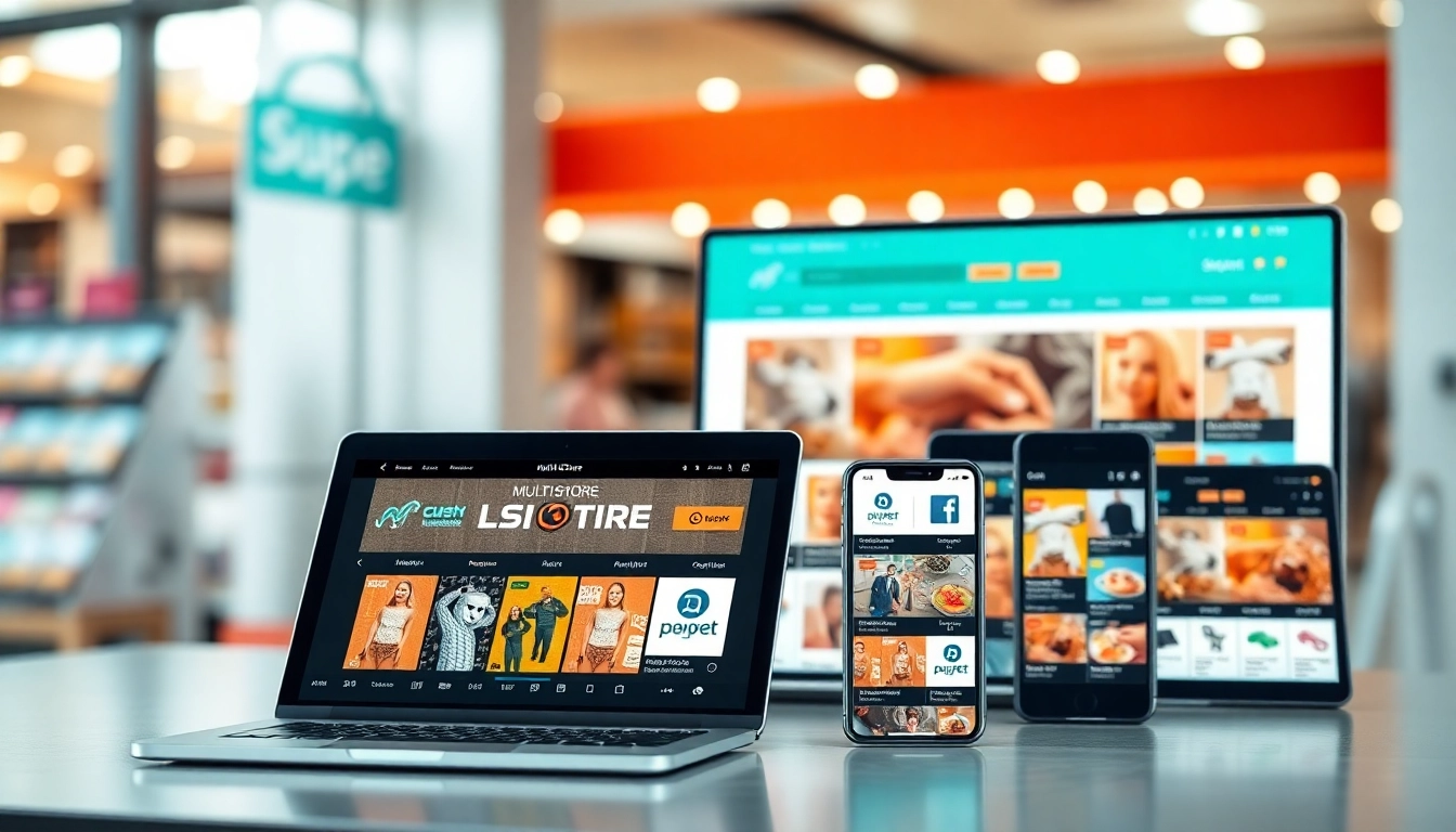 Showcasing a vibrant Multi-Store digital marketplace interface on devices.