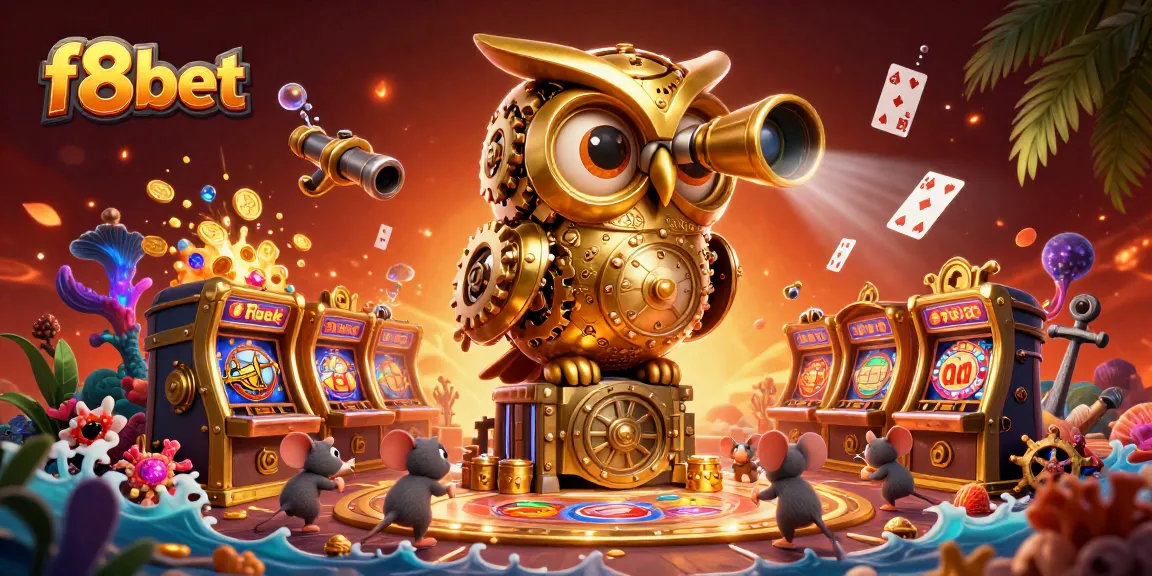 Experience thrilling slots at F8BET with vibrant 3D animation of owl and mouse patrons in a dynamic casino.
