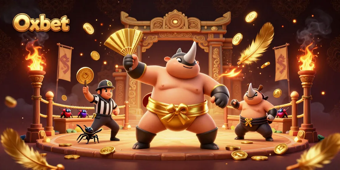 Experience thrilling moments with Oxbet as a lucky beetle champion claims victory amidst flying coins and festive gambling elements.