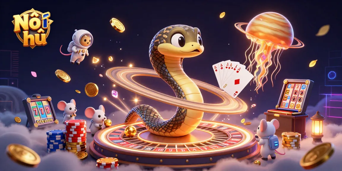 Win big with Nổ hũ in this vibrant illustration featuring a cosmic casino scene.