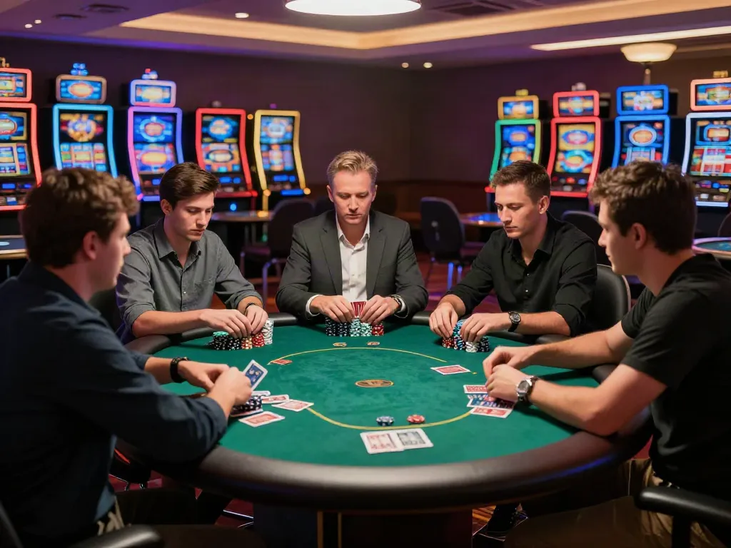 Exciting casino scene with players at ORION88 poker table, chips, and cards.