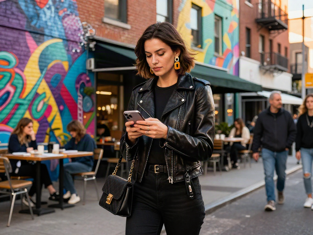 Stylish woman in a leather jacket for women walking in an urban setting.