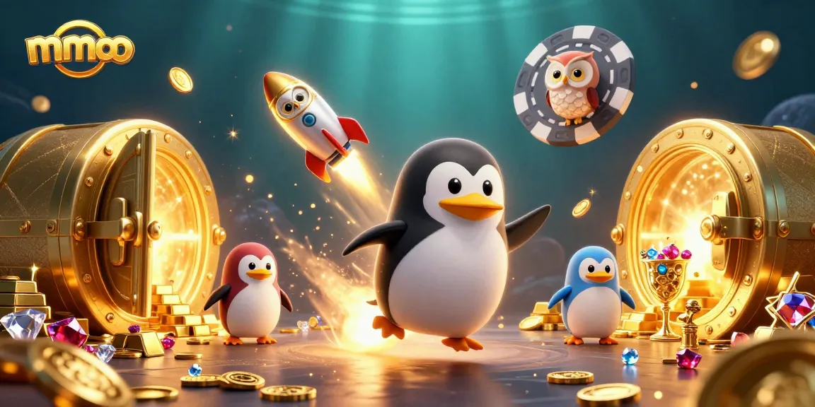 Experience the mmoo jackpot adventure with a golden penguin and casino treasures.