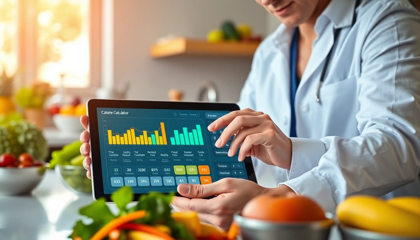 Engaging view of a calorie calculator on a tablet, showcasing nutrition data and healthy food in the background.