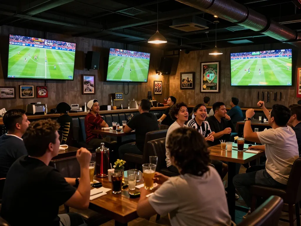Catch the excitement of trực tiếp bóng đá hôm nay at a lively sports bar with fans cheering, drinks in hand.