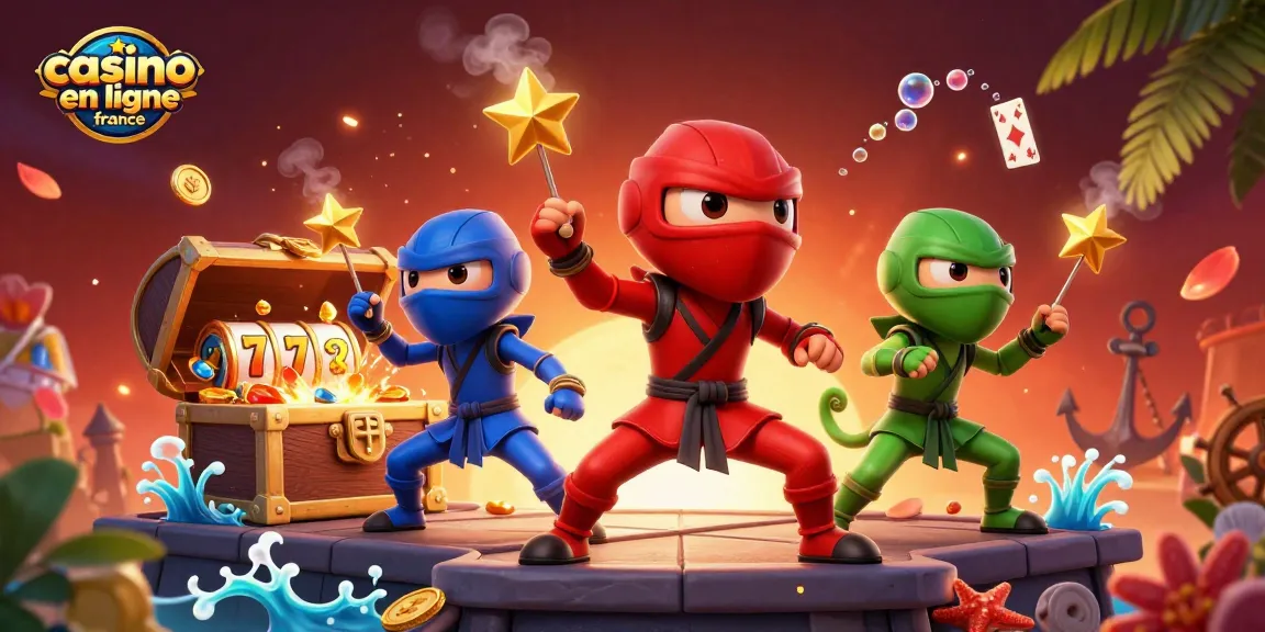 Illustration dynamique de la promotion de casino en ligne France avec des caméléons ninjas et des éléments de jeu.