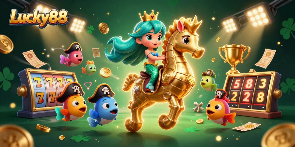 Spin to win with Lucky88, featuring vibrant characters and dynamic casino elements in a playful scene.