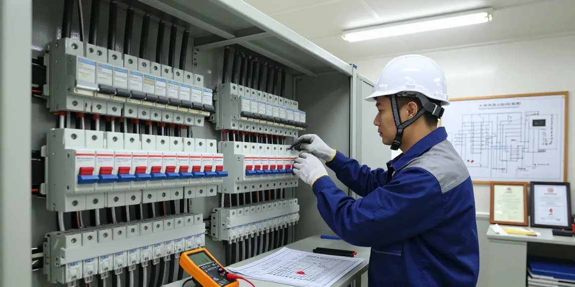 MCCB circuit breaker inspection in a professional electrical distribution room with technician and tools.