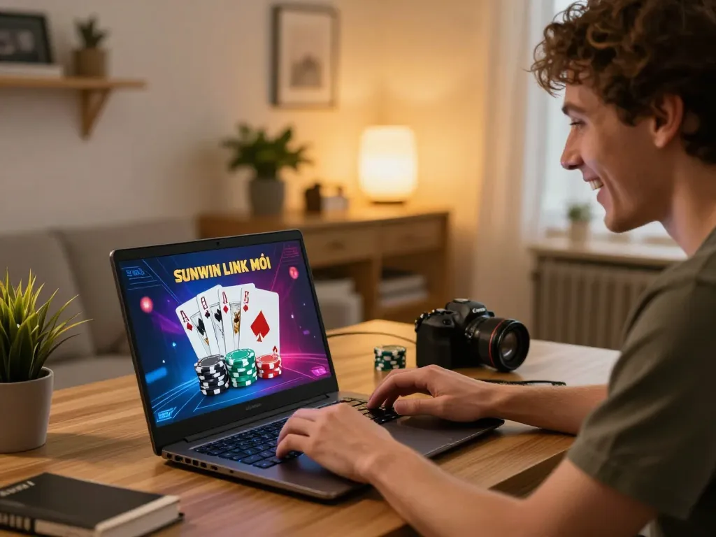 Sparking excitement while playing SUNWIN LINK MỚI on a laptop with vibrant poker graphics at home.