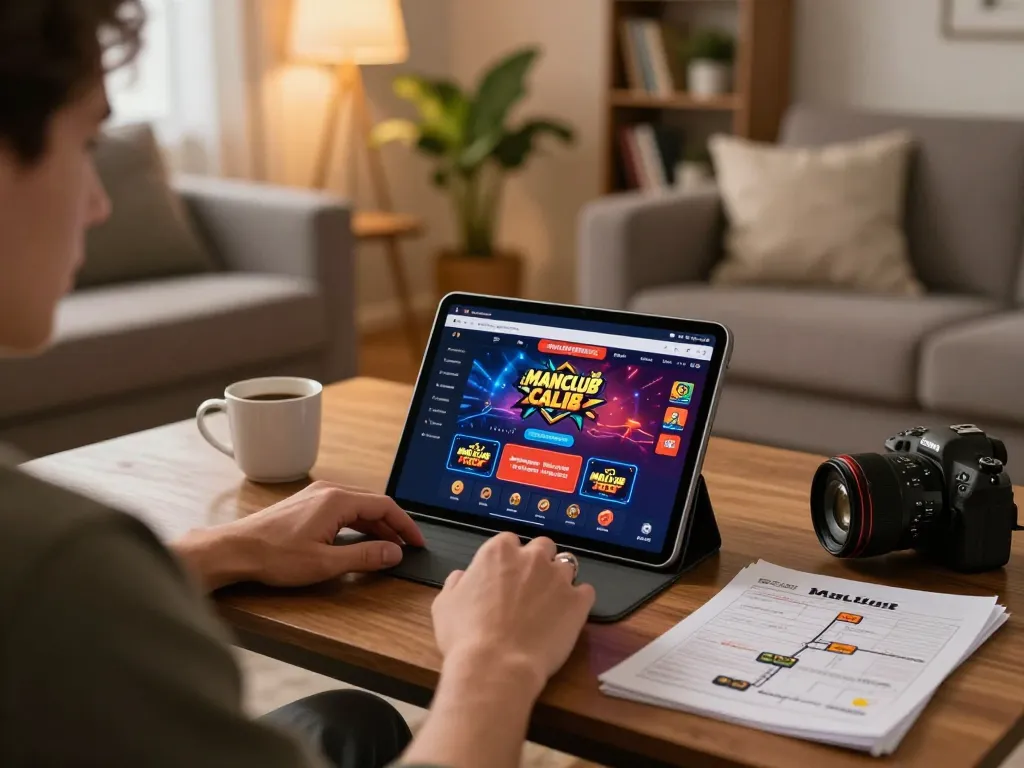 Player enjoying online gaming at Manclub on tablet in cozy room setting.