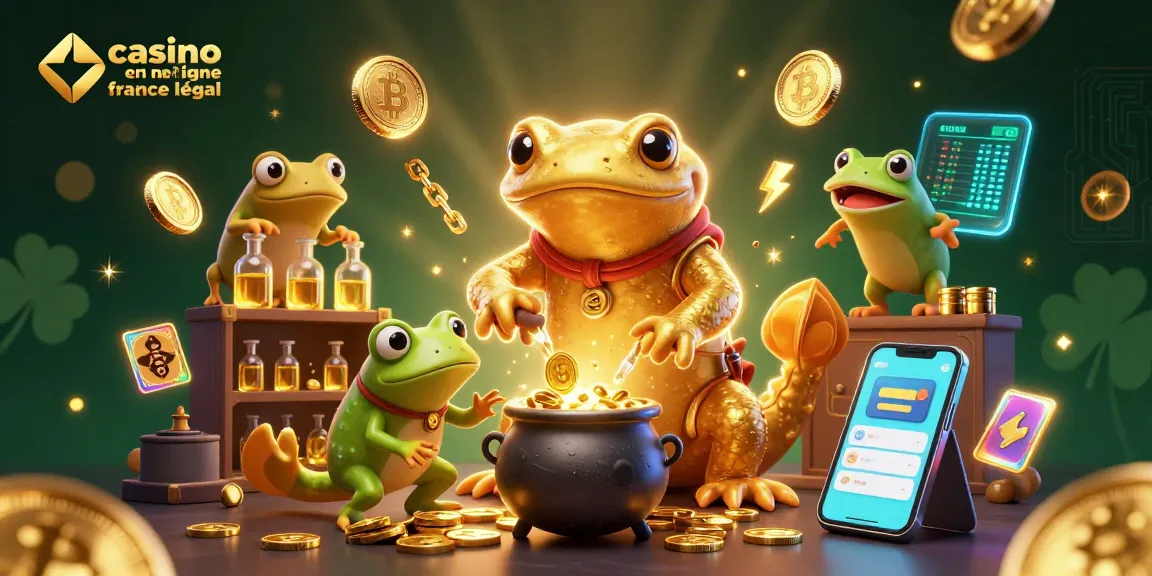 Jouez sur casino en ligne légal France avec un alchimiste doré entouré de pièces de crypto-monnaie.