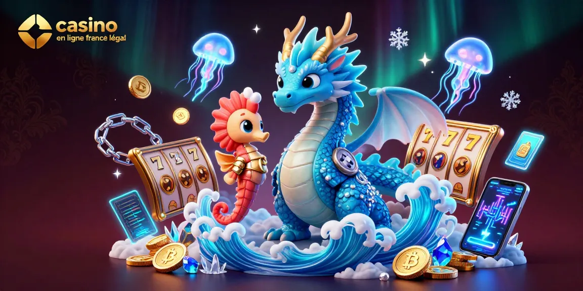 Visualisez un dragon d'eau et un chevalier de seahorse, représentatifs du casino en ligne France légal, entourés de jeux d'argent.
