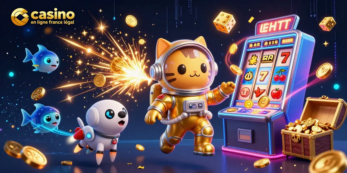 Image dynamique représentant un chat astronaute en costume doré et un chien robot, à propos du casino en ligne France légal.
