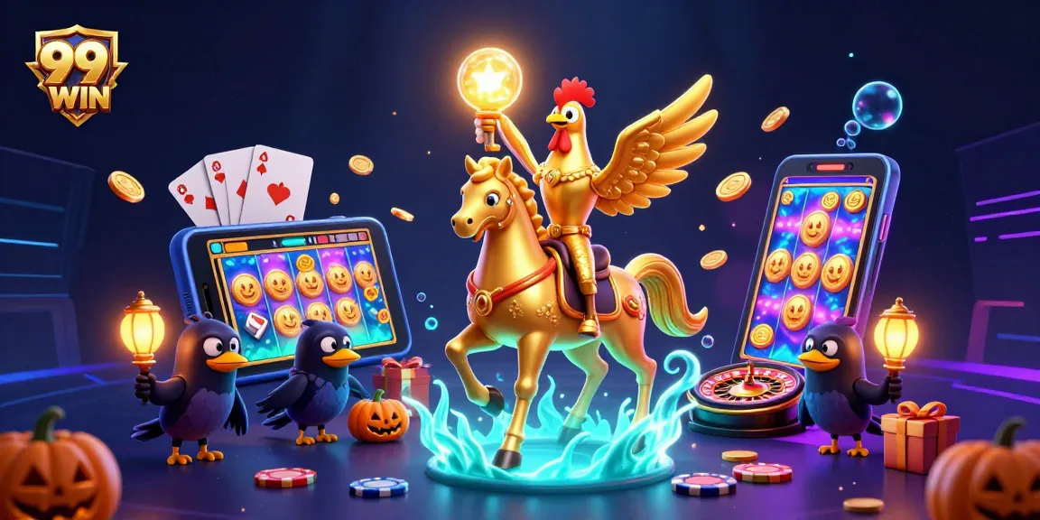 Experience thrilling gaming action with 99WIN's vibrant 3D casino scene featuring unique characters and games.