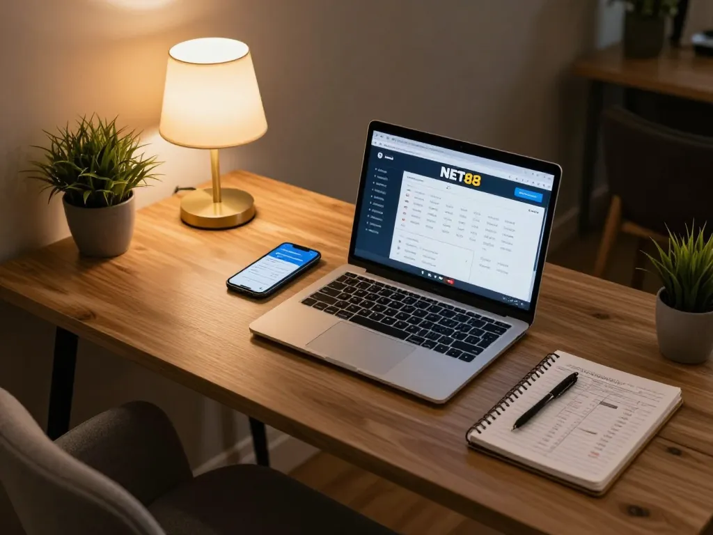 Nạp tiền NET88 on a stylish online gaming setup with laptop and smartphone showcasing payment options.