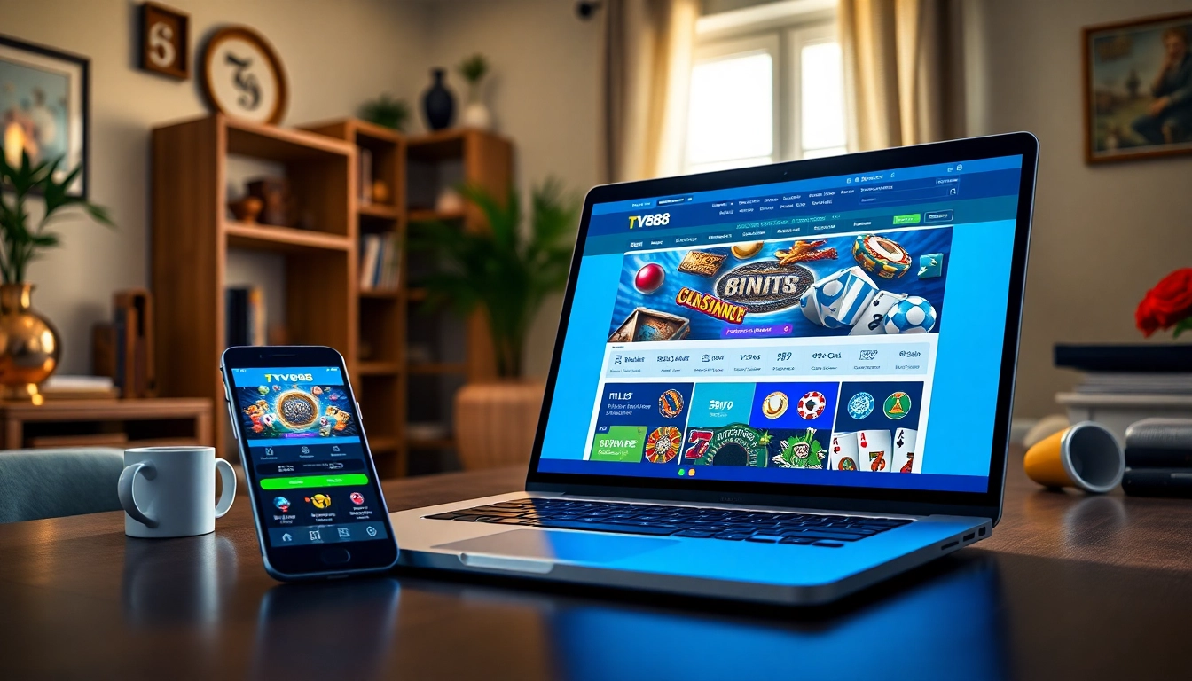 TV88 online gambling platform showcased in a modern home office.