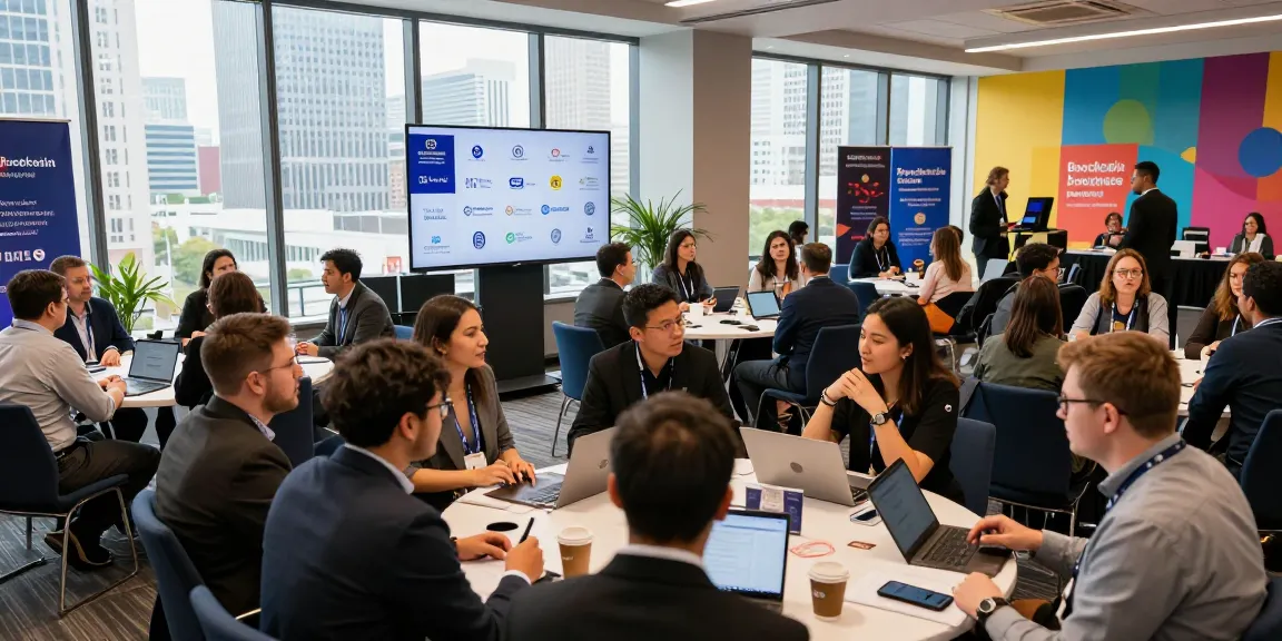 Blockchain 2026 conference scene with diverse attendees discussing innovations and networking at a vibrant city venue.