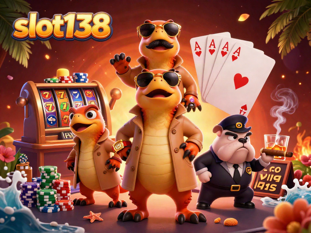 Engage with slot138 through fun 3D illustration of raptors entering casino VIP lounge with vibrant slot reels.