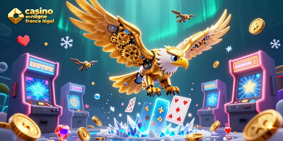 Jouez sur le casino en ligne France légal avec une illustration d'un aigle cybernétique plongeant à travers des cartes holographiques.