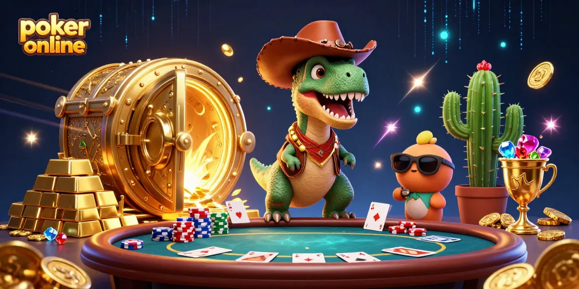 Jouez au poker en ligne avec ce cowboy dinosaure et son cactus, entourés de trésors scintillants.
