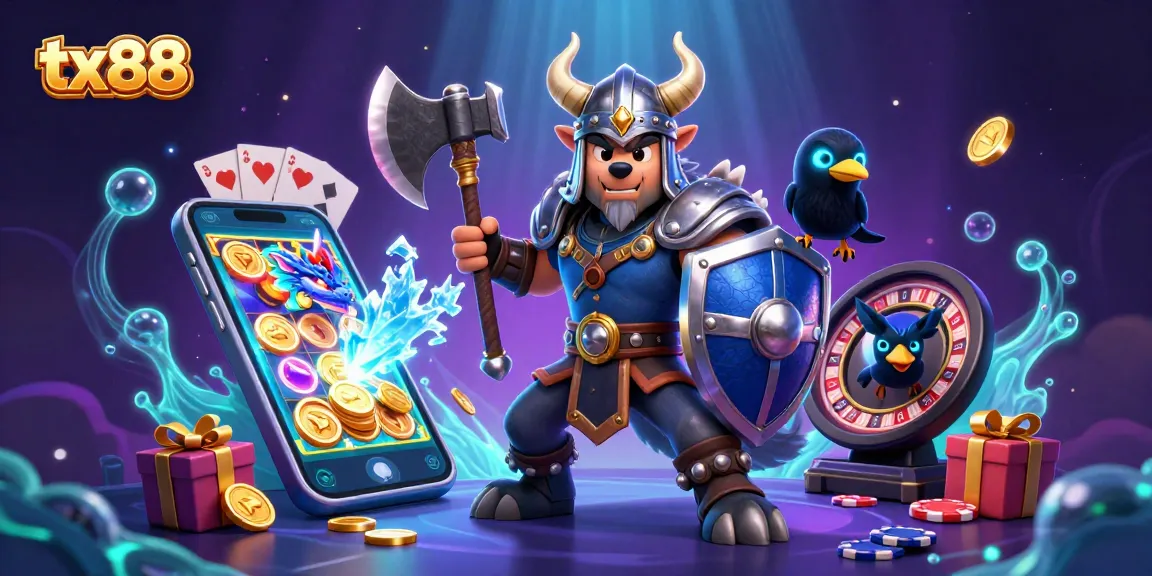 Experience immersive gambling with tx88, featuring a Viking warrior and icy dragon in a dynamic casino scene.