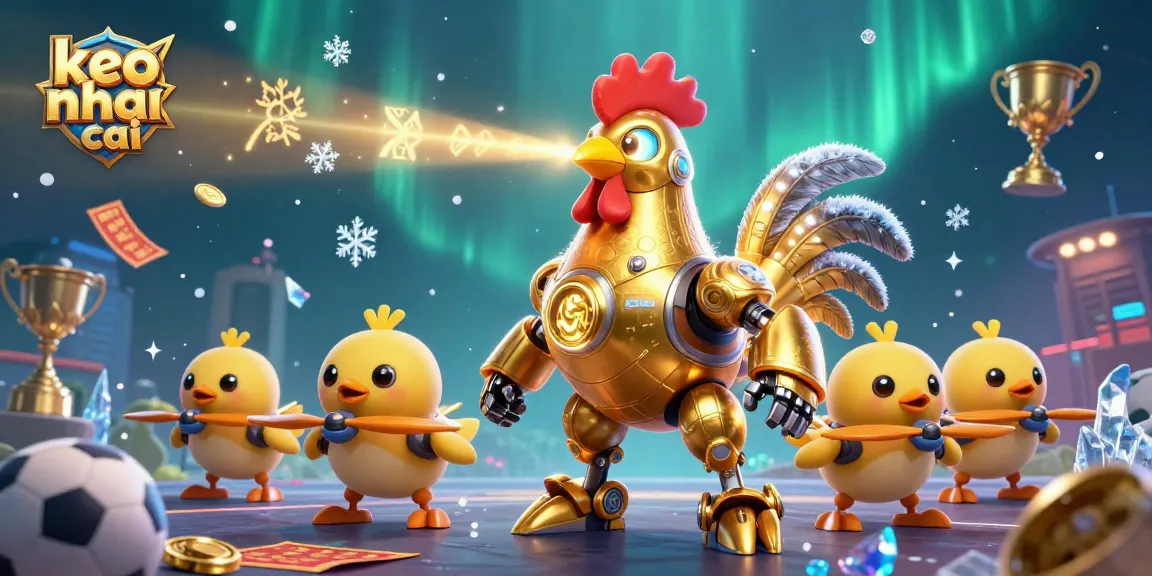 Join the excitement of keo nha cai sports betting with a futuristic golden rooster robot and baby chick drones.
