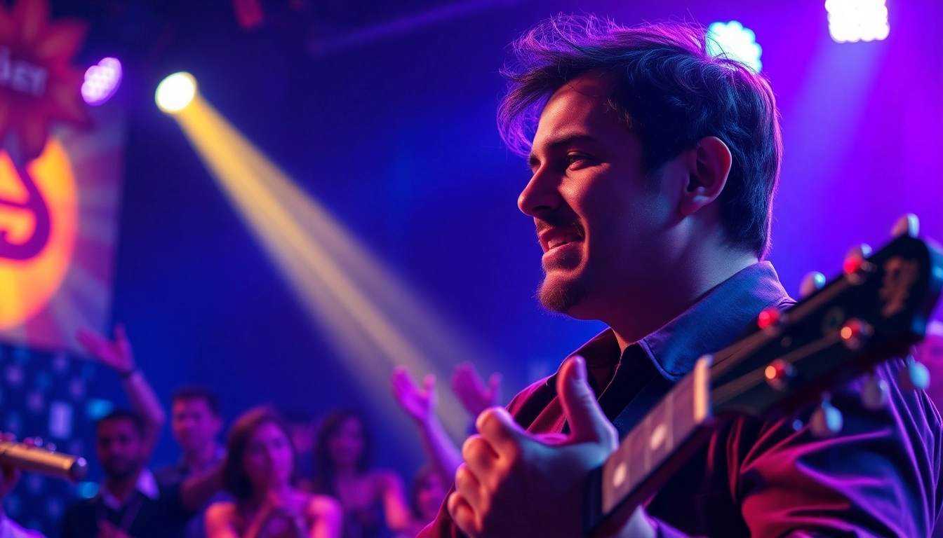 Engaging kooralive musician performing on stage with vibrant lighting effects.