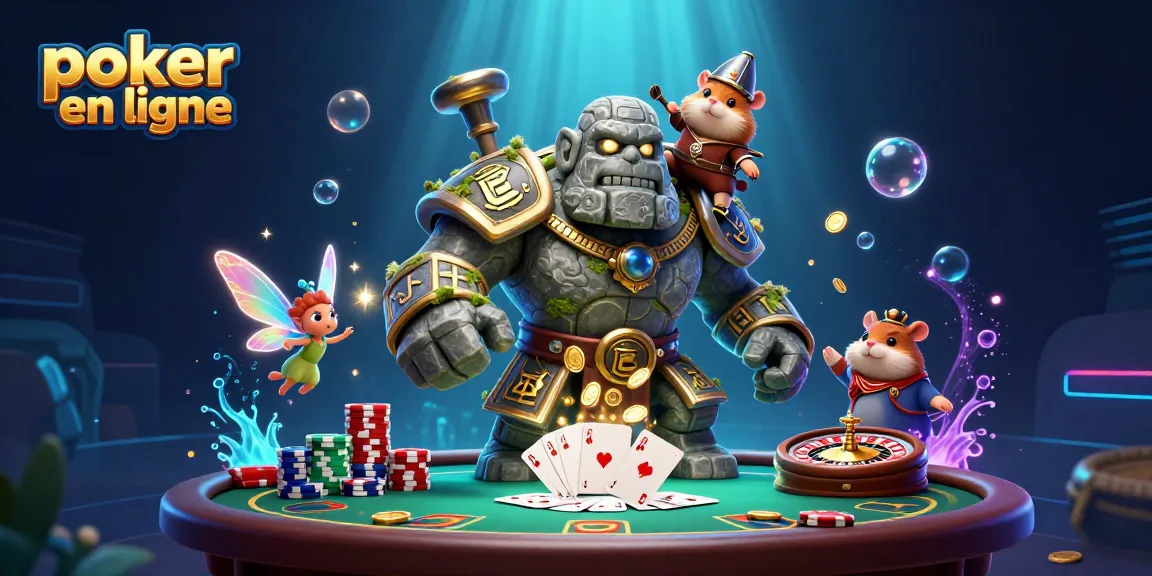 Jouer au poker en ligne sur une table animée avec un golem, une fée et un hamster.