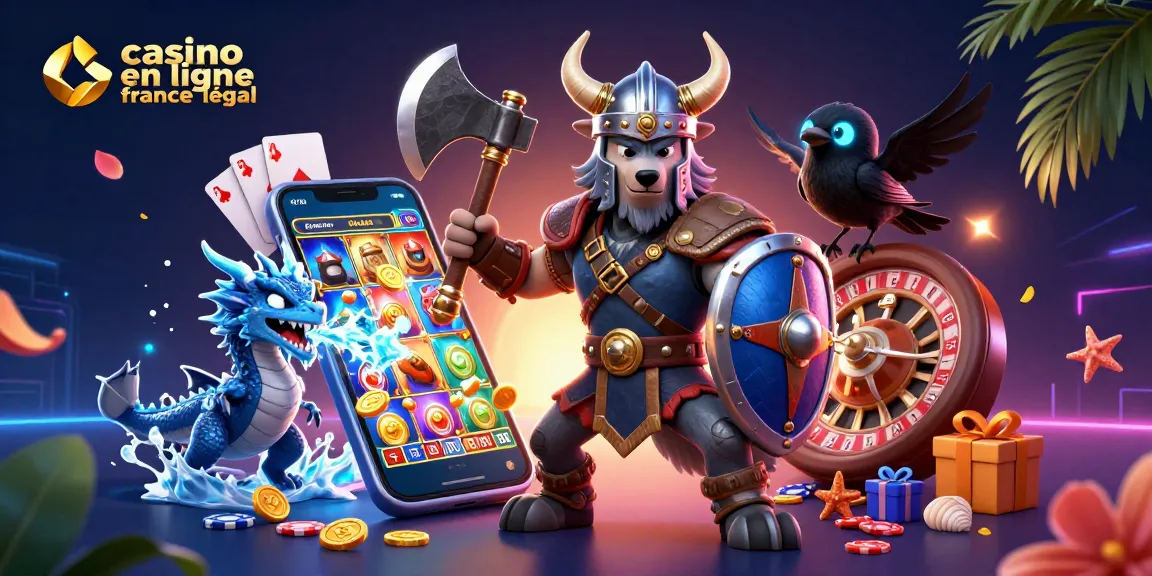 Illustration dynamique de casino en ligne France légal avec un guerrier viking, dragon et éléments de jeu.